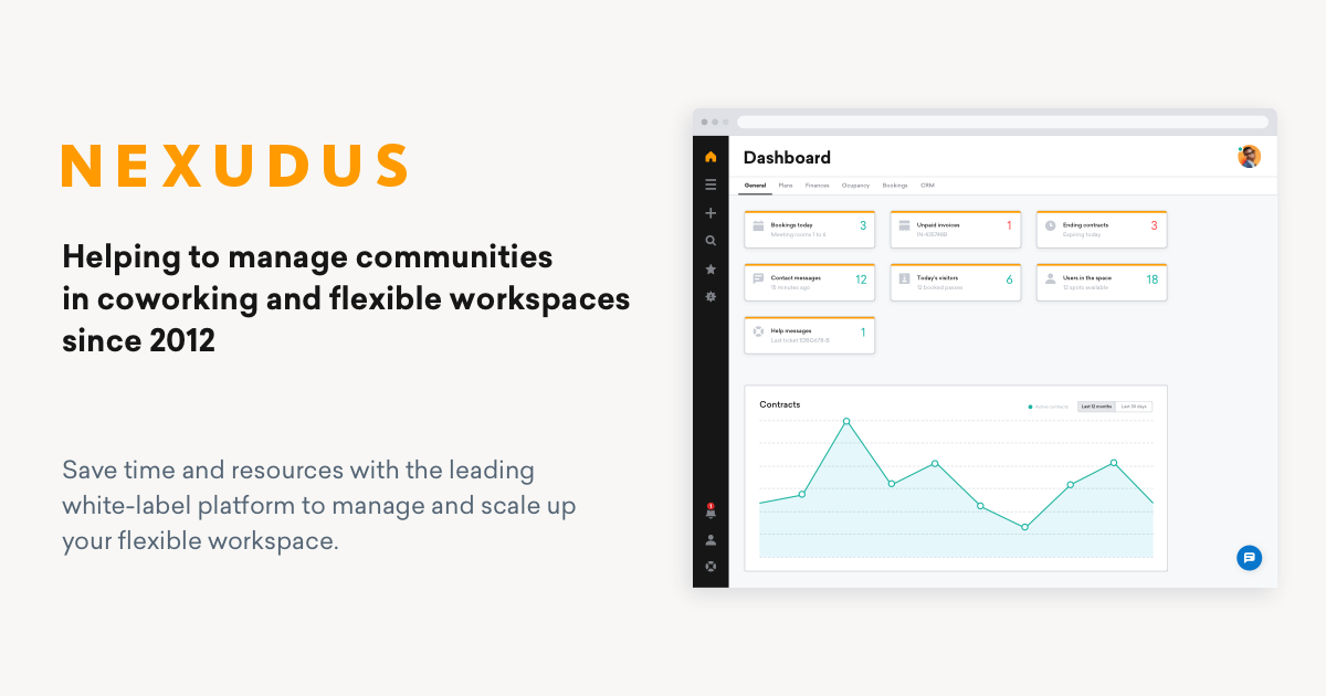 coworking space management software nexudus advert with a screenshot of portal dashboard