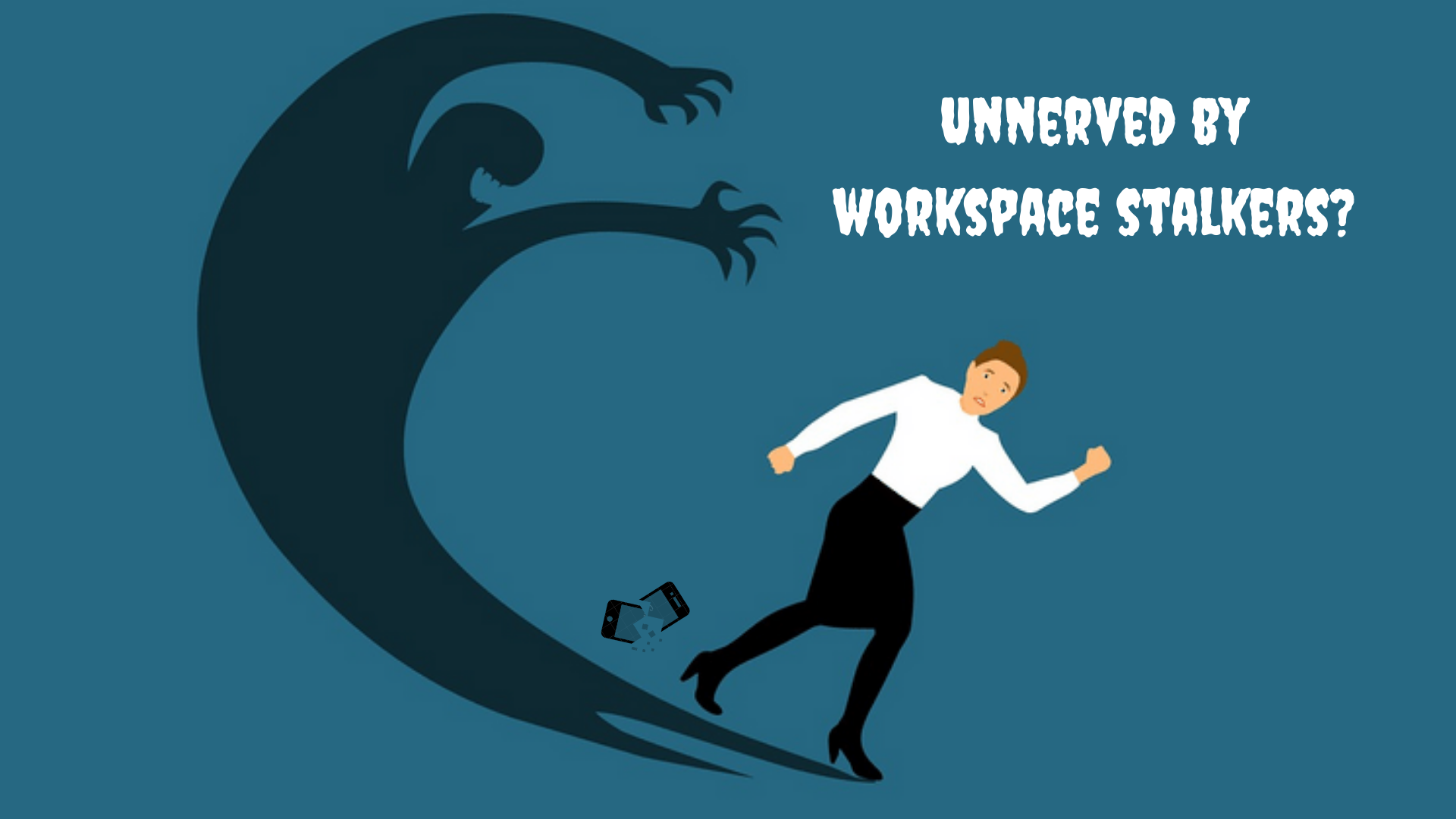 Depiction of workspace stalking- a woman running away from her shadow