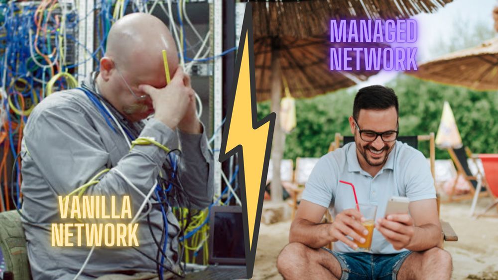 Two contrasting images of IT people depicting managed and unmanaged workspace networks