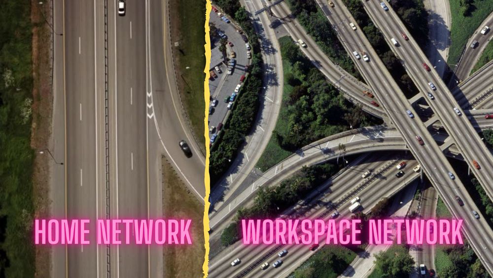 Road diagram to show differences between a home network and a workspace network